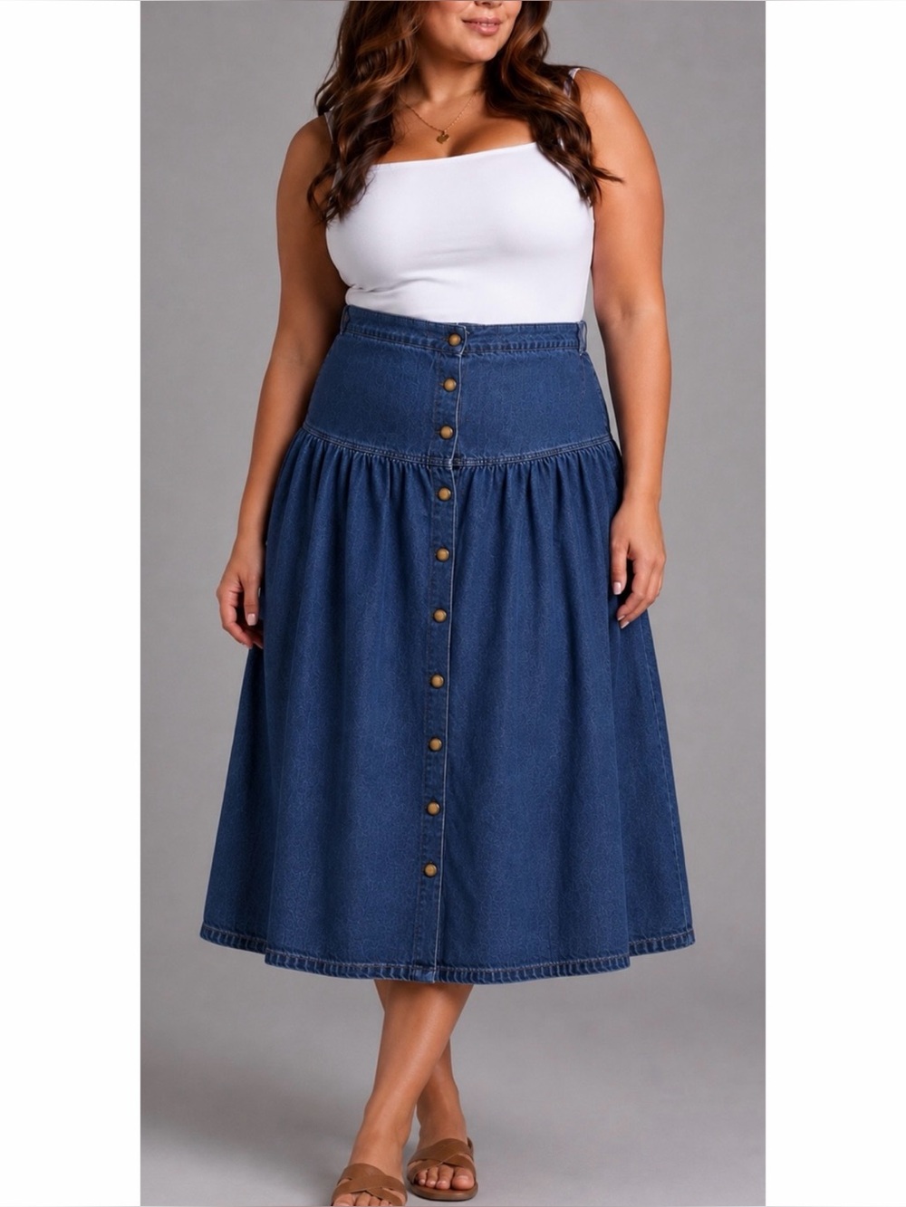 (VTG) MYSTIC BLUES • Blue Dark Wash Denim 100% Cotton Button-Front Skirt, 40